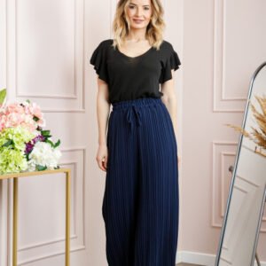 Pantaloni plisati bleumarin cu elastic in talie