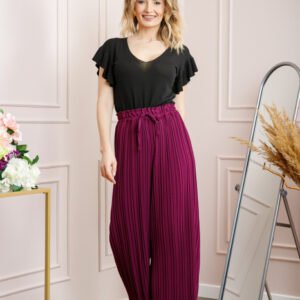 Pantaloni plisati magenta cu elastic in talie