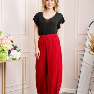 Pantaloni plisati rosii cu elastic in talie
