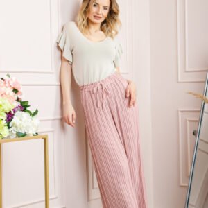 Pantaloni plisati roz pudrat cu elastic in talie