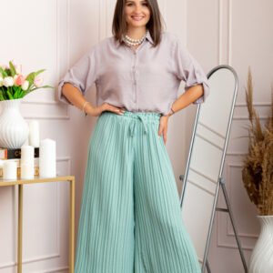 Pantaloni plisati turcoaz aqua cu elastic in talie