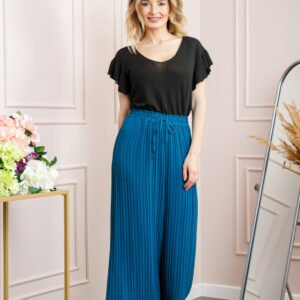 Pantaloni plisati turcoaz cu elastic in talie