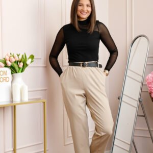 Pantaloni plus size bej cu talie elastica si curea reglabila Lillian