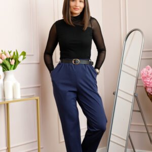 Pantaloni plus size bleumarin cu talie elastica si curea reglabila Lillian