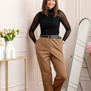 Pantaloni plus size camel cu talie elastica si curea reglabila Lillian