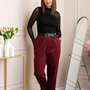 Pantaloni plus size grena cu talie elastica si curea reglabila Lillian