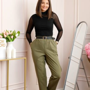Pantaloni plus size kaki cu talie elastica si curea reglabila Lillian