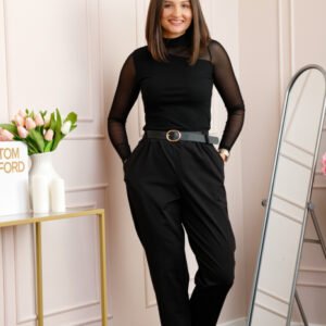 Pantaloni plus size negri cu talie elastica si curea reglabila Lillian