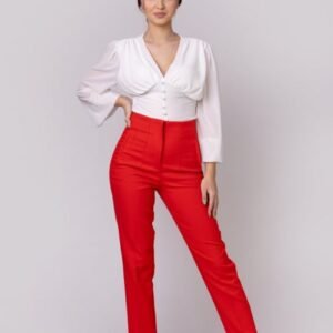 Pantaloni rosii cu talie inalta si cusaturi decorative