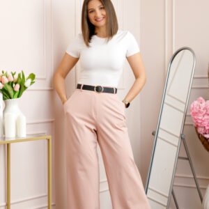 Pantaloni roz pastel evazati cu talie elastica la spate si curea reglabila Molly