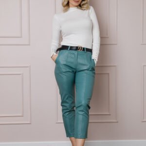 Pantaloni verde mint din piele ecologica cu buzunare functionale