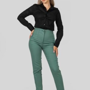 Pantaloni verde petrol cu talie inalta si cusaturi decorative