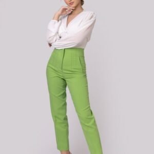 Pantaloni verde praz cu talie inalta si cusaturi decorative
