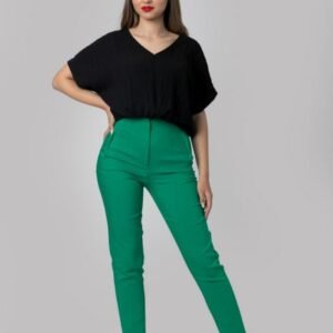 Pantaloni verde smarald cu talie inalta si cusaturi decorative