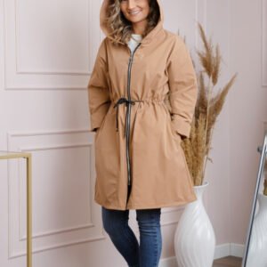 Pardesiu casual camel cu talie ajustabila si gluga