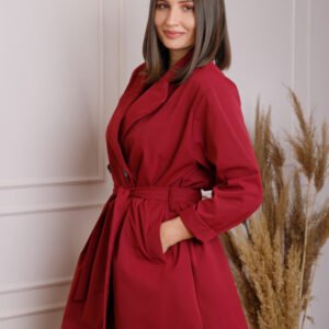 Pardesiu elegant grena cu cordon si nasturi