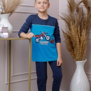 Pijama baieti Oliver din bumbac albastru cu imprimeu motocicleta