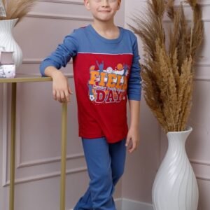 Pijama baieti Oliver din bumbac rosu cu imprimeu sport