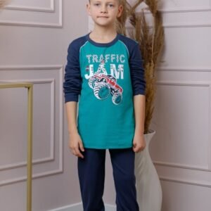 Pijama baieti Oliver din bumbac turcoaz cu imprimeu monster truck