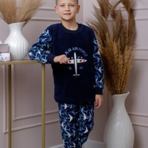 Pijama baieti Teddy din fleece bleumarin cu model avioane