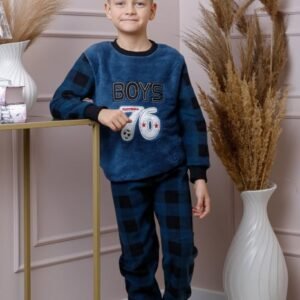 Pijama baieti Teddy din fleece bleumarin cu model fotbal