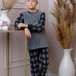 Pijama baieti Teddy din fleece gri cu model baseball