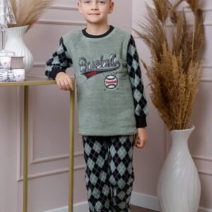 Pijama baieti Teddy din fleece verde cu model baseball