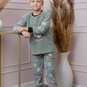 Pijama baieti Teddy din fleece verde cu model fotbal