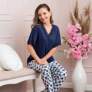 Pijama dama Amore cu detaliu din dantela - Bleumarin