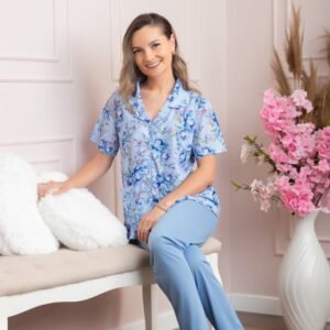 Pijama dama Blossom cu maneci scurte si imprimeu floral albastru