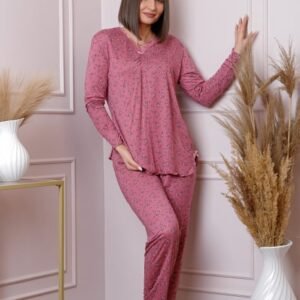 Pijama dama Lisa din bumbac roz cu imprimeu floral