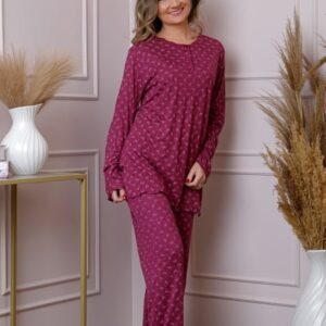 Pijama dama Lisa din bumbac visiniu cu imprimeu floral
