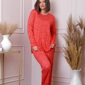 Pijama dama Lisa plus size din bumbac corai cu imprimeu floral