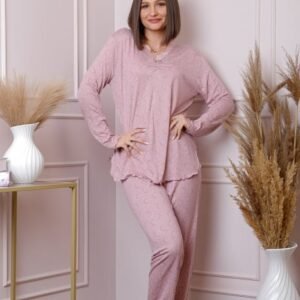 Pijama dama Lisa plus size din bumbac roz pudrat cu imprimeu floral