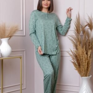 Pijama dama Lisa plus size din bumbac verde cu imprimeu floral