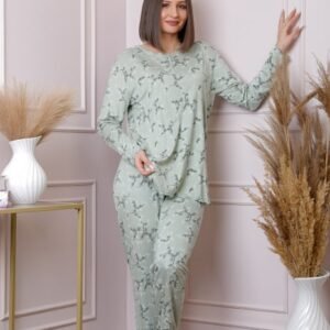 Pijama dama Lisa plus size din bumbac verde pastel cu imprimeu floral