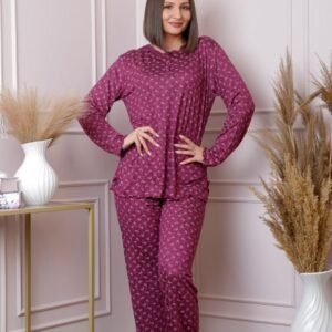 Pijama dama Lisa plus size din bumbac visiniu cu imprimeu floral
