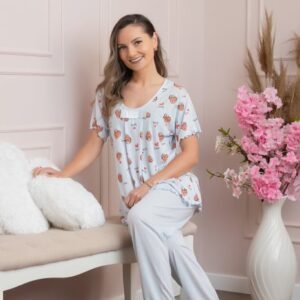 Pijama dama Lolly cu maneci scurte si imprimeu inimioare - Bleu