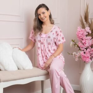 Pijama dama Lolly cu maneci scurte si imprimeu inimioare - Roz