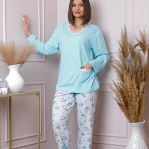 Pijama dama Mandy plus size cu bluza bleu si pantaloni cu imprimeu