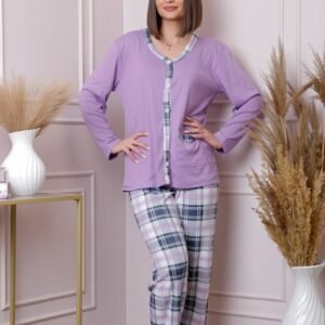 Pijama dama Mandy plus size cu bluza mov si pantaloni cu imprimeu