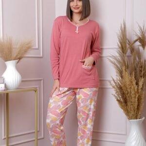 Pijama dama Mandy plus size cu bluza roz si pantaloni cu imprimeu