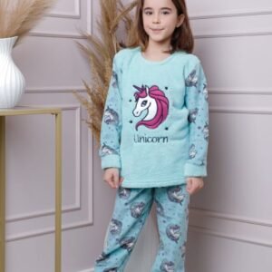 Pijama fetite Daisy din fleece bleu cu model cu unicorni