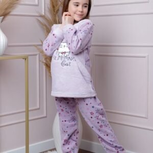 Pijama fetite Daisy din fleece mov cu model cu pisicute