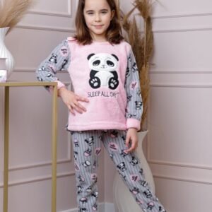Pijama fetite Daisy din fleece roz cu model cu panda