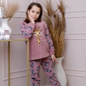 Pijama fetite Daisy din fleece roz prafuit cu model cu girafe