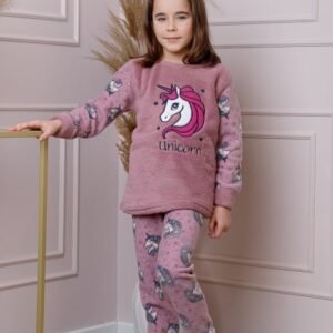 Pijama fetite Daisy din fleece roz prafuit cu model cu unicorni