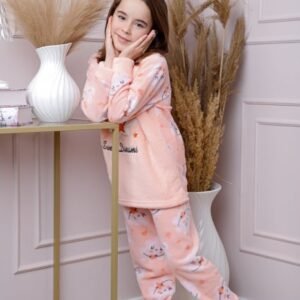 Pijama fetite Daisy din fleece roz somon cu model cu norisori