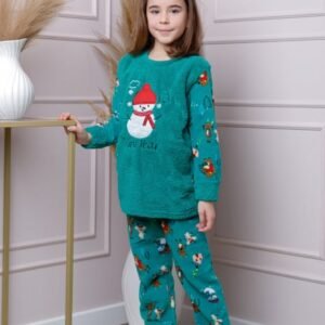Pijama fetite Daisy din fleece turcoaz cu model cu om de zapada