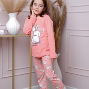 Pijama fetite Ellie din bumbac corai cu imprimeu cu iepurasi